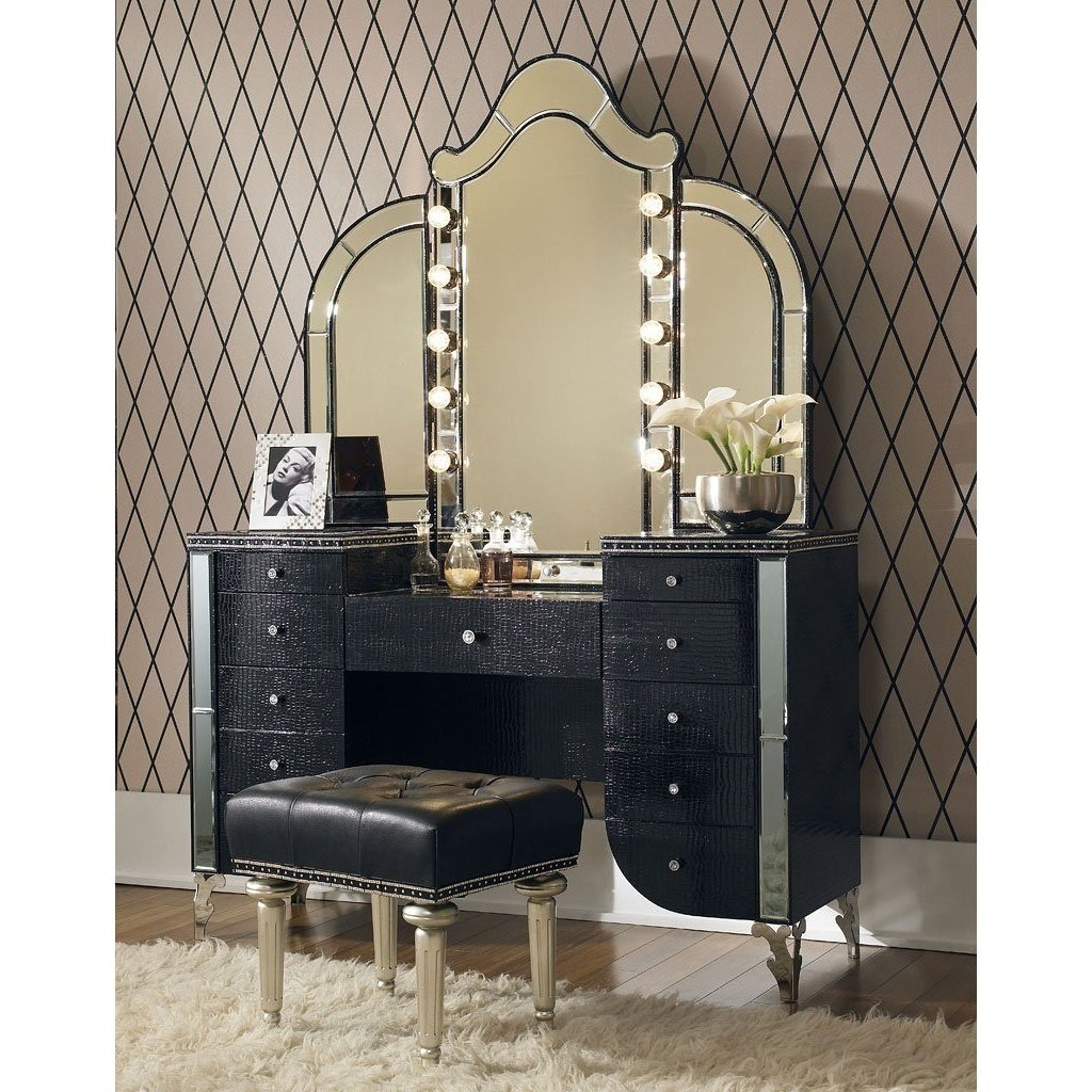 Vanity table with mirror and lights