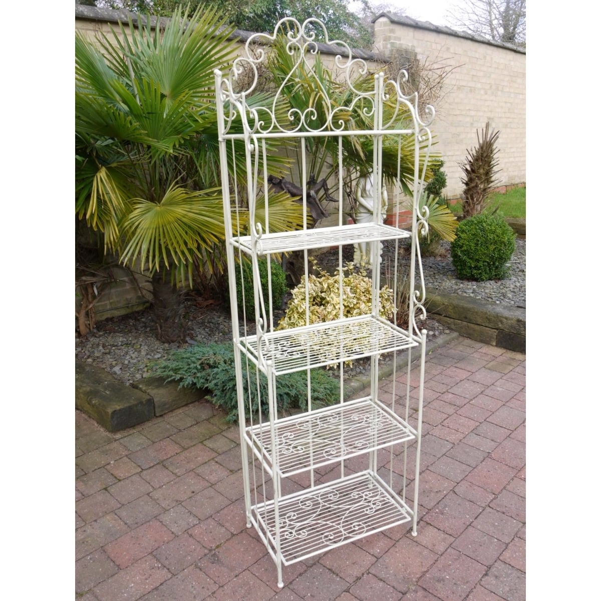 Antique white five tier wrought iron shelving unit bakers stand