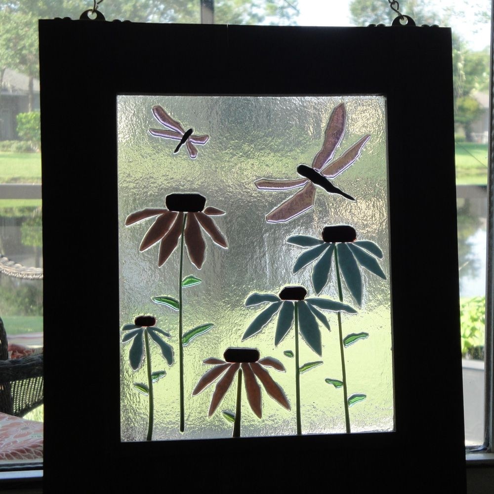 Art coneflower dragonfly hanging flower fused stained glass window