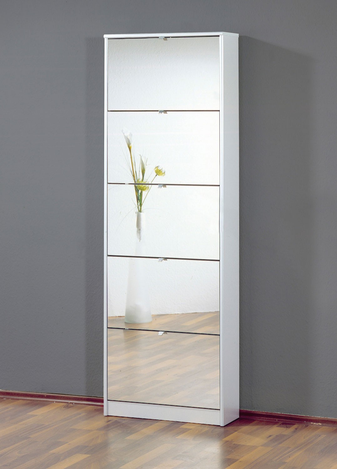 Tall mirrored white shoe cabinet with five drawers