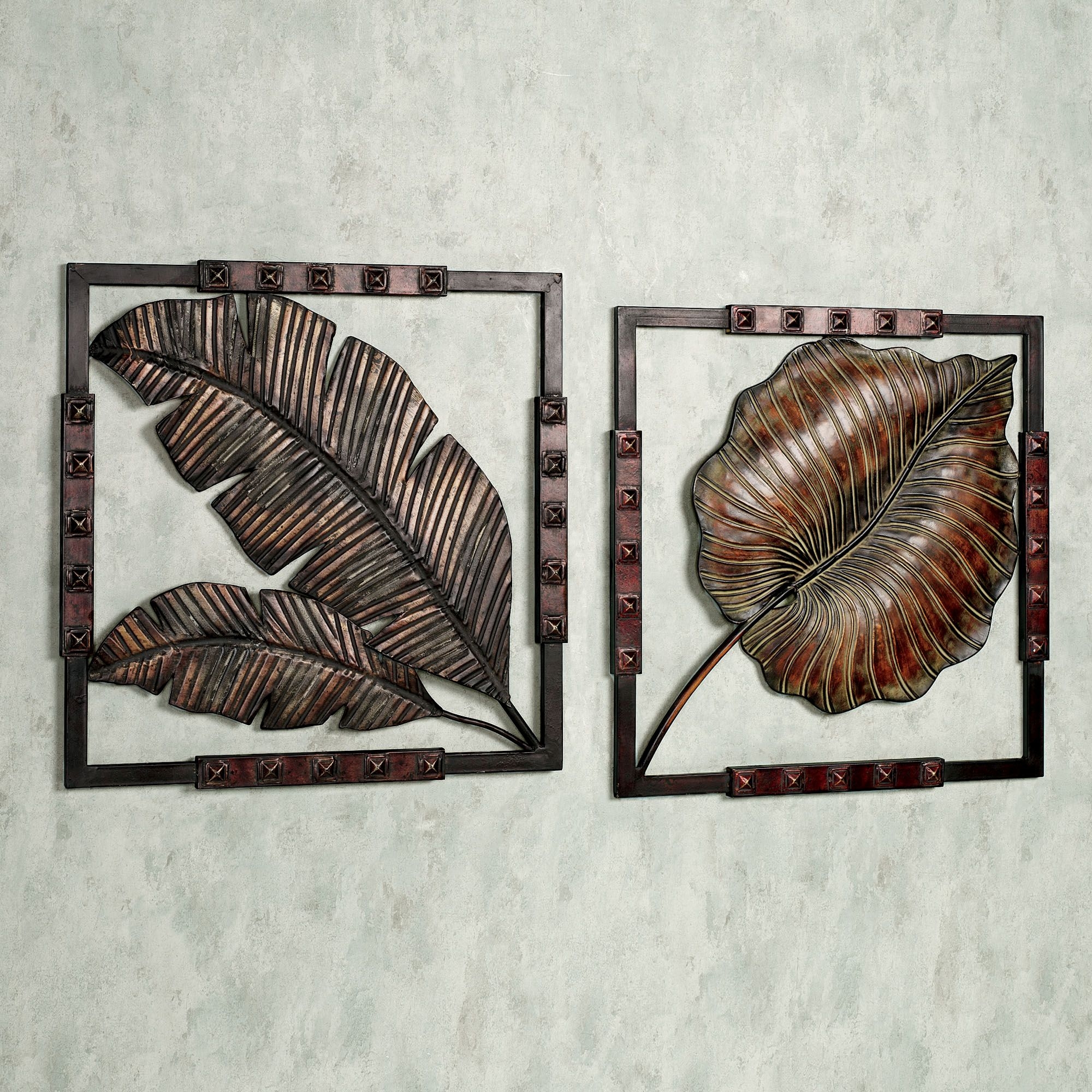 Tropical leaf metal wall art set brushed bronze set of