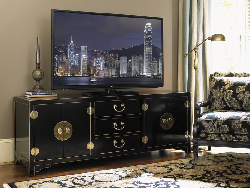 Asian-inspired TV stand with intricate details
