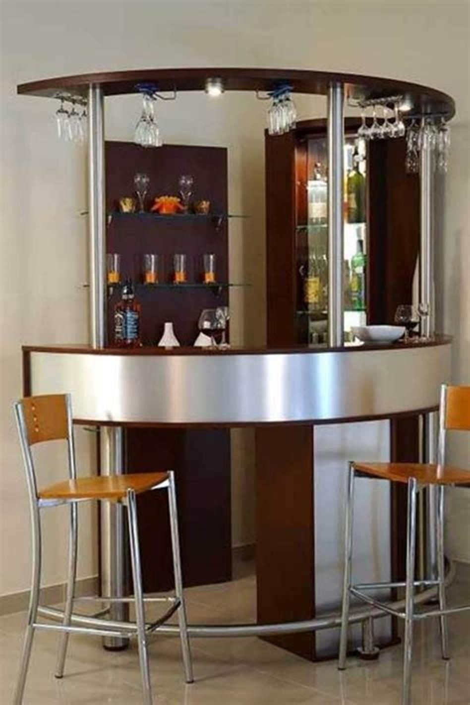 Corner curved mini bar for home with hanging wine glass