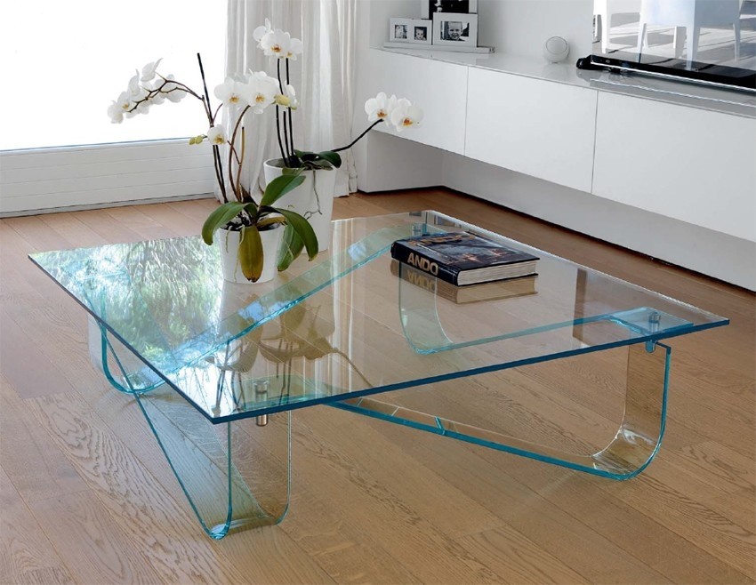 Home design unique square glass coffee table decorated with flowers