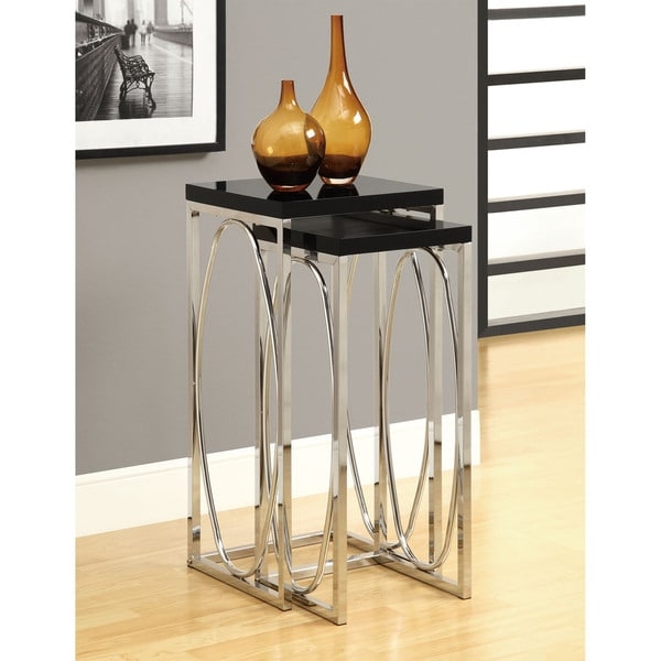 Set of 2 chrome metal plant stands glossy black