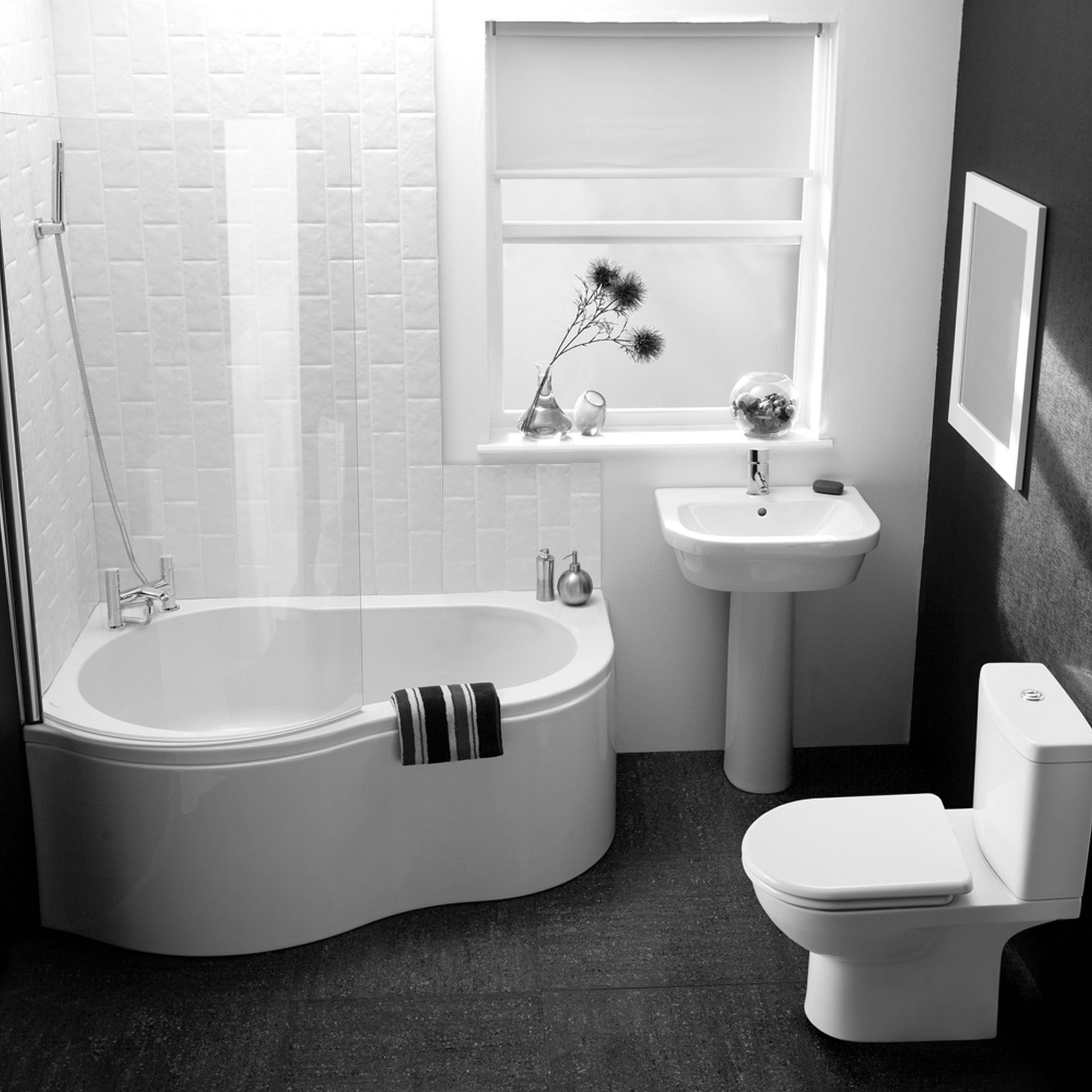 Sumptuous dark bathroom floor tile ideas with white corner tubs
