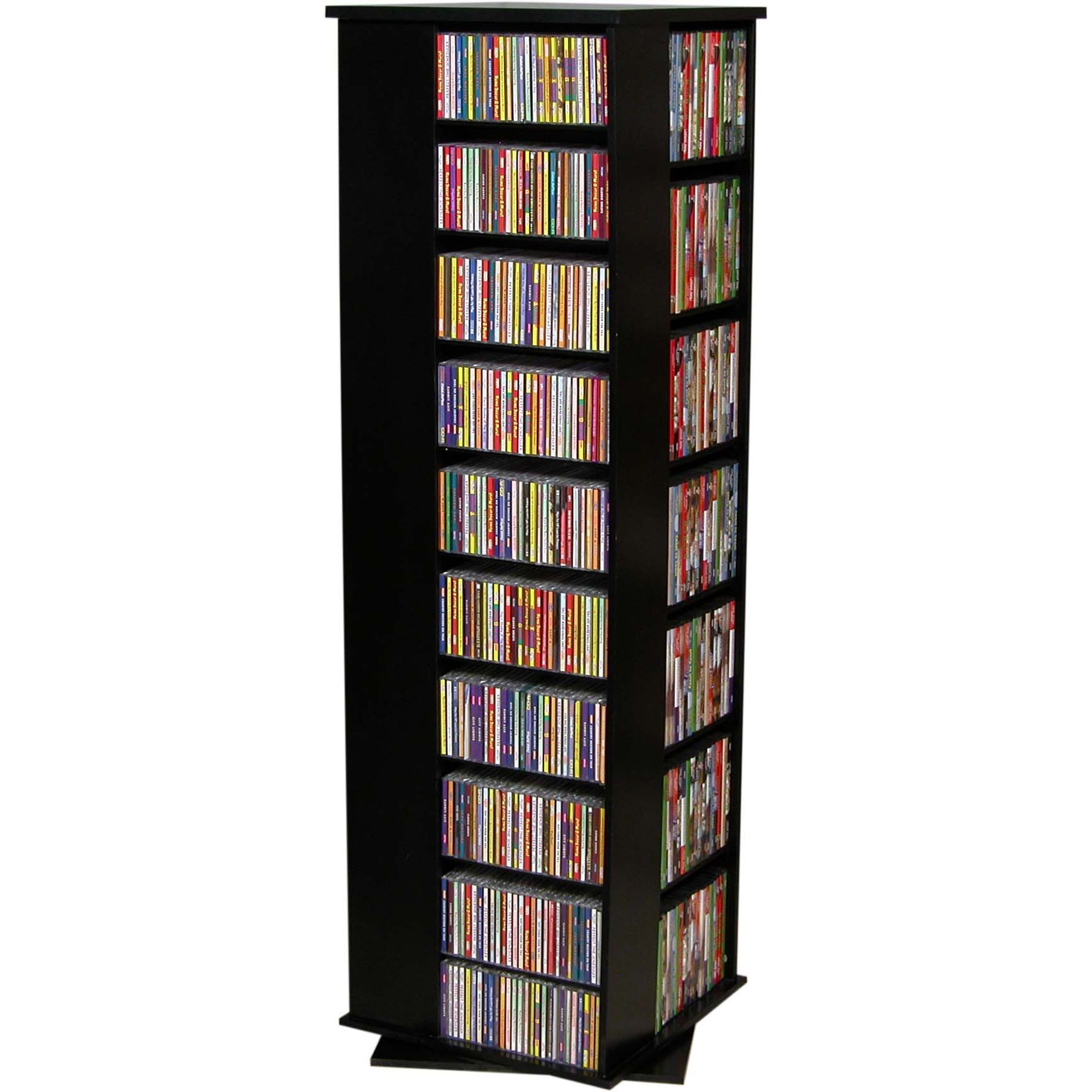 Black revolving media tower for organizing cds dvds and vhs