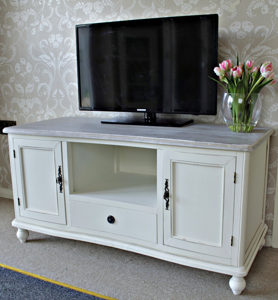 Cottage cream wooden tv unit cabinet shabby lounge television stand