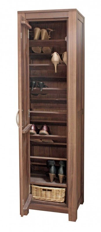 Modern solid walnut tall narrow shoe storage cupboard