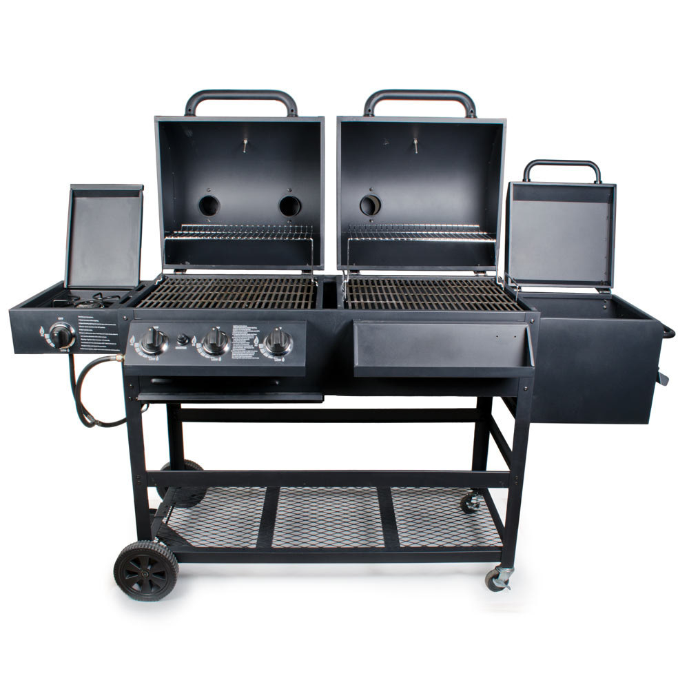 Pro portable outdoor gas and charcoal grill smoker assembled