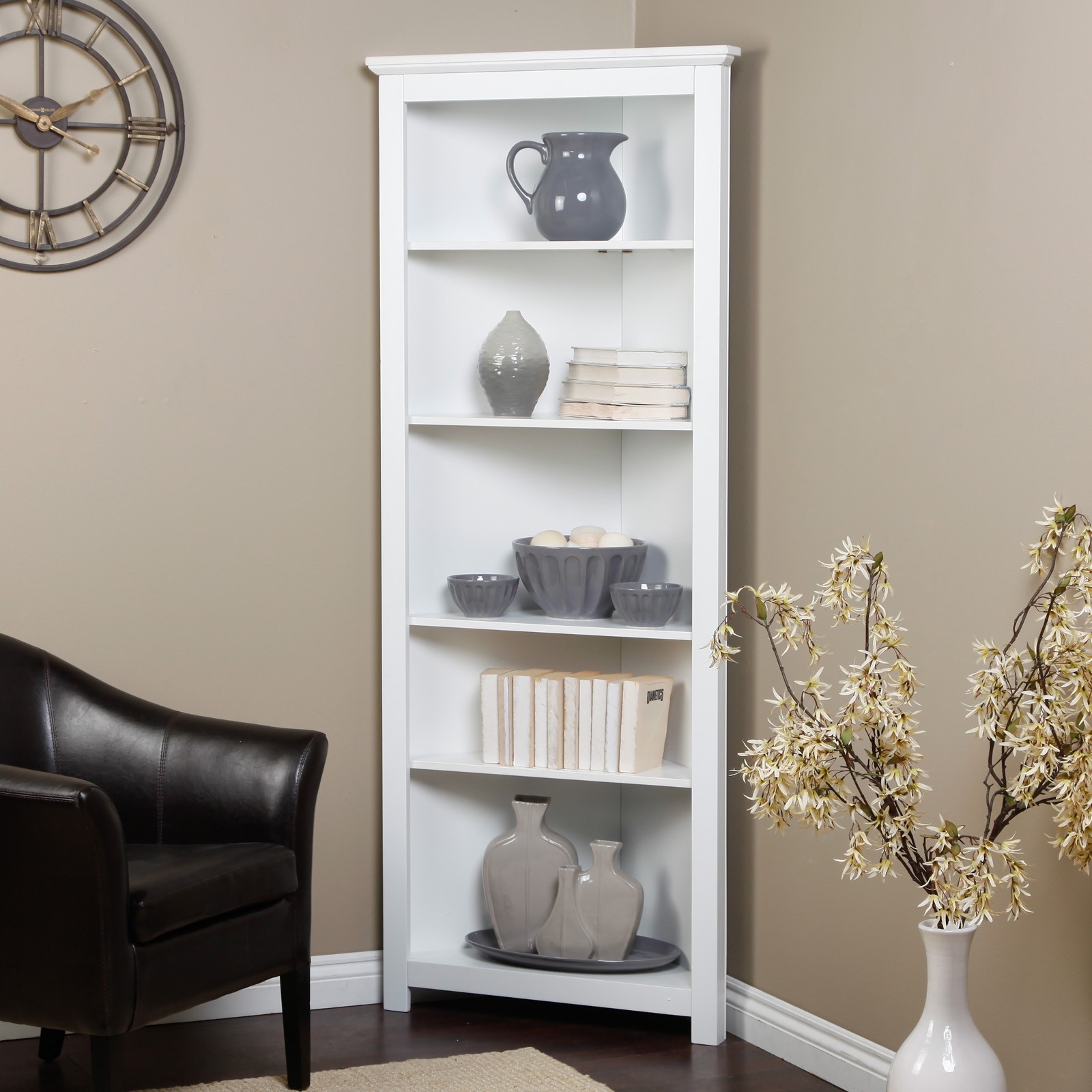 white corner bookshelf for nursery