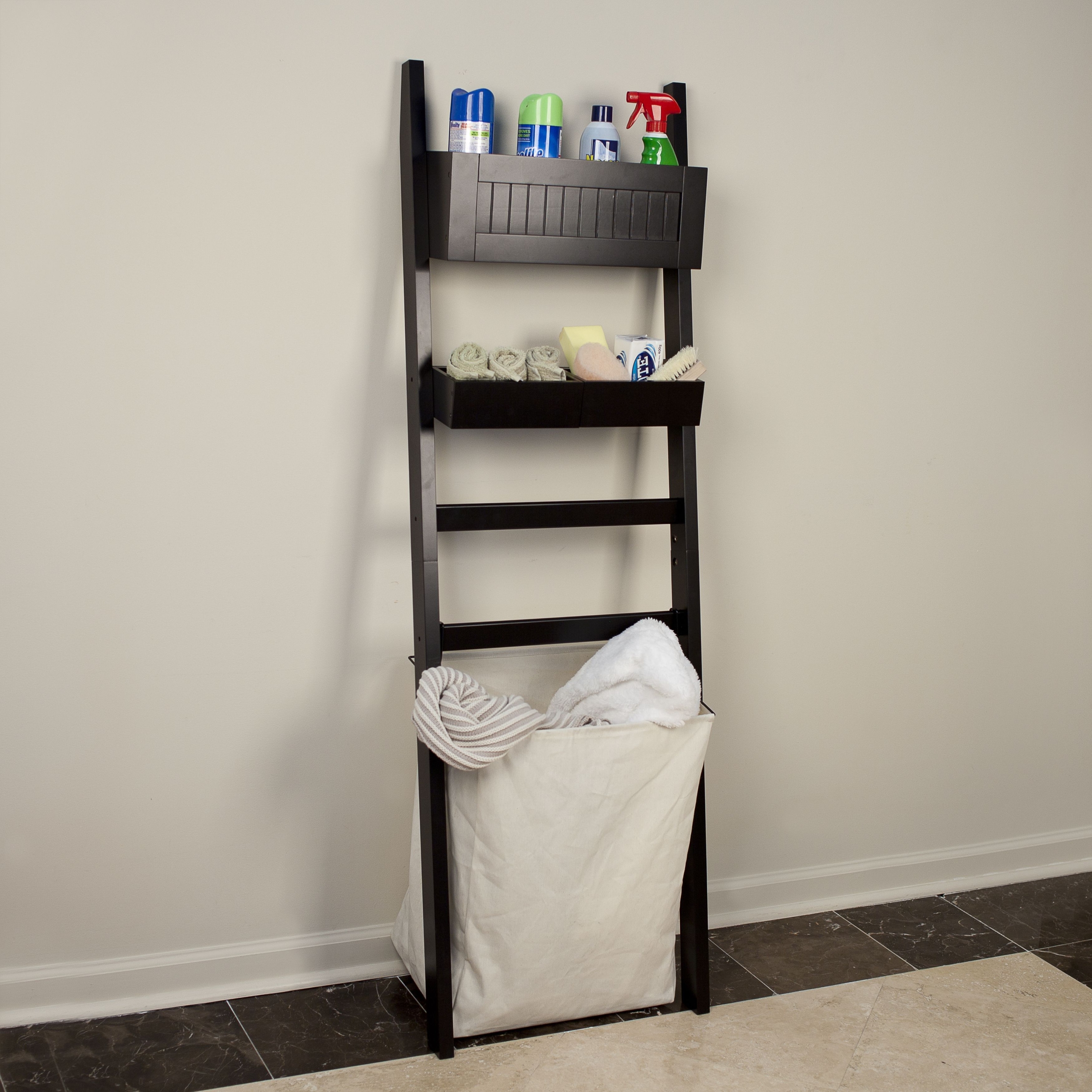 Bath organizer with canvas hamper storage organizer shelves she