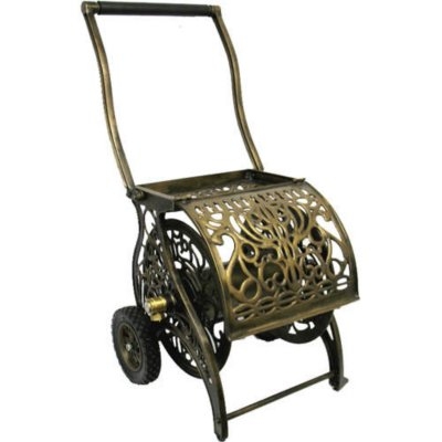 Decorative cast aluminum 2 wheel hose reel cart