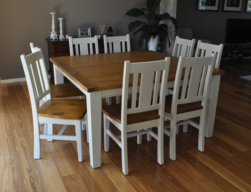 White 8 seater square dining table chairs rustic shabby chic