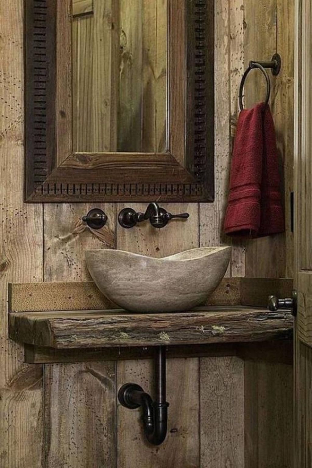 Rustic wood powder half bath with stone vessel sink 1