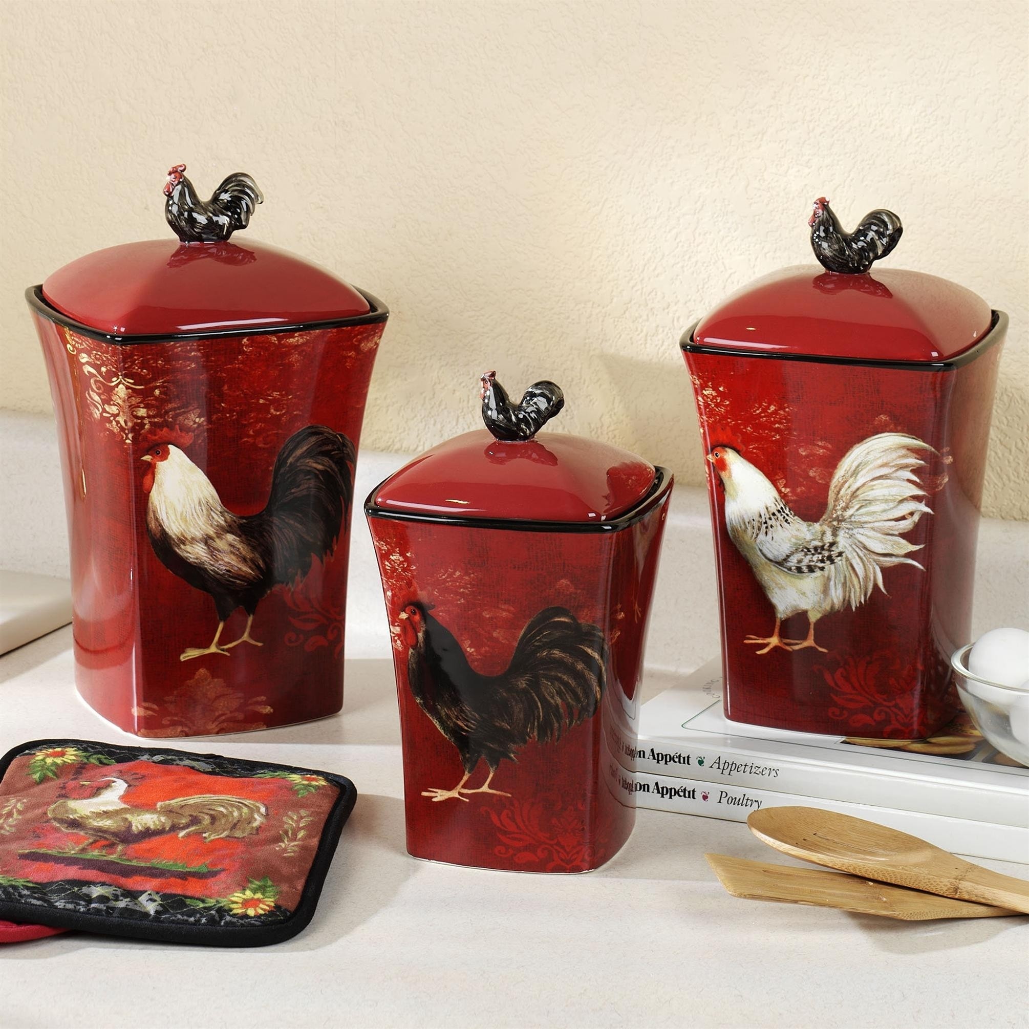 Avignon rooster canister set burgundy set of three 1