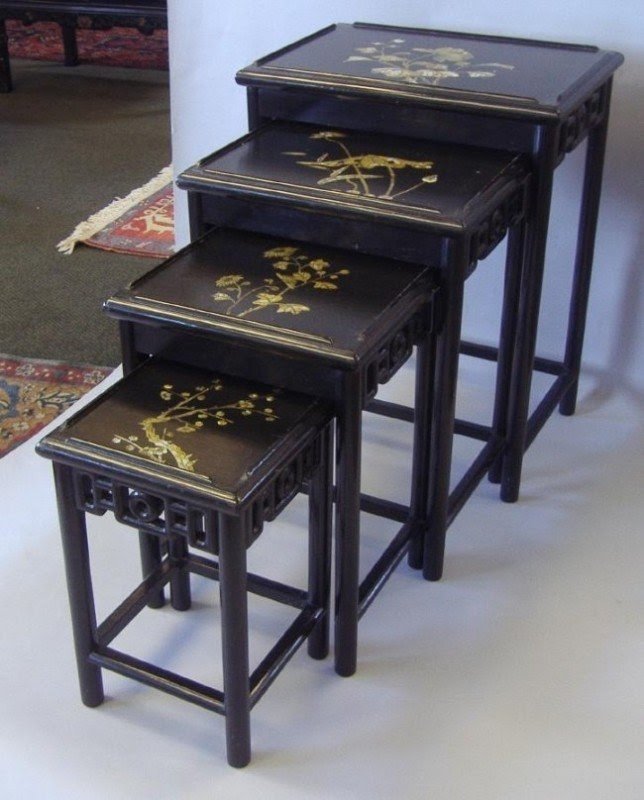Blacl lacquer asian nesting table chinese carved lacquer wood nesting