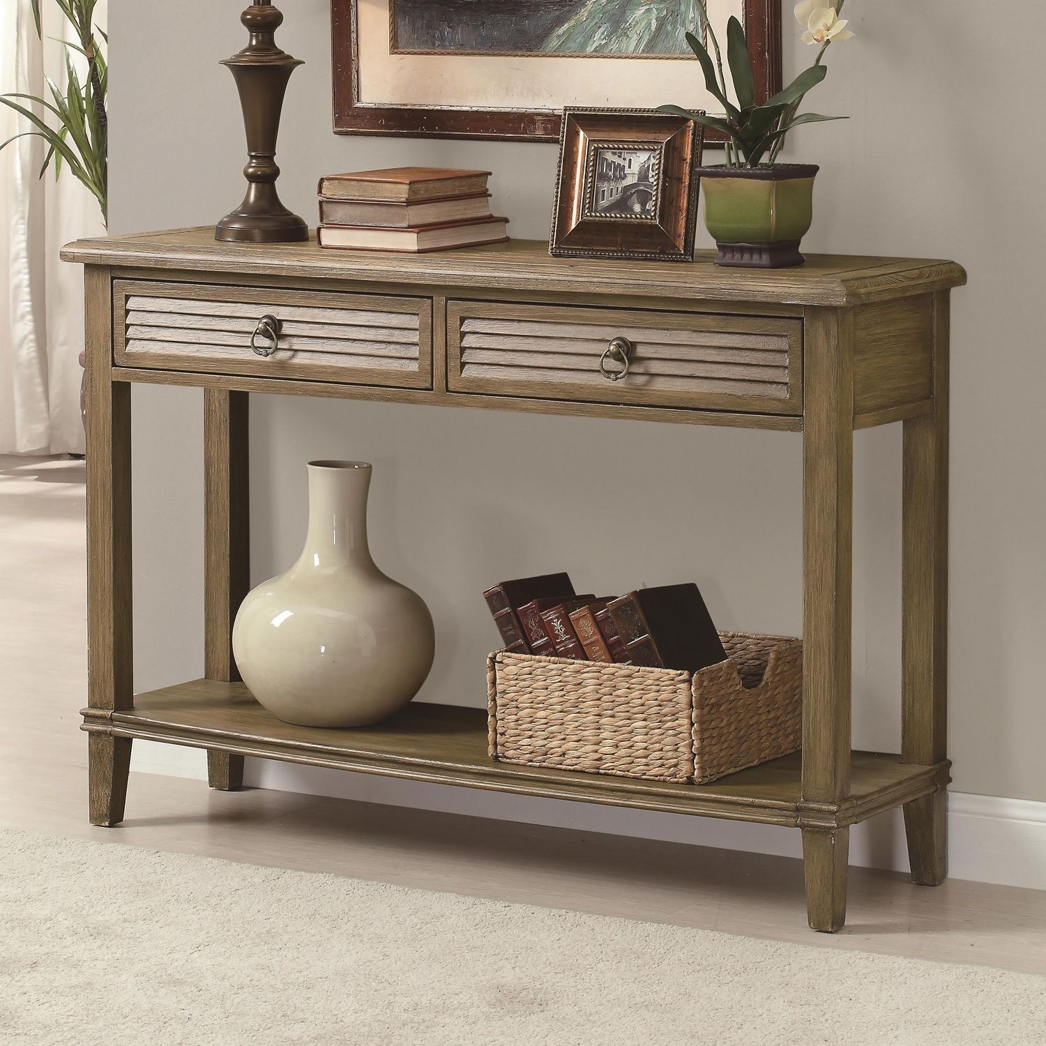 Entryway console table with shutter front drawers