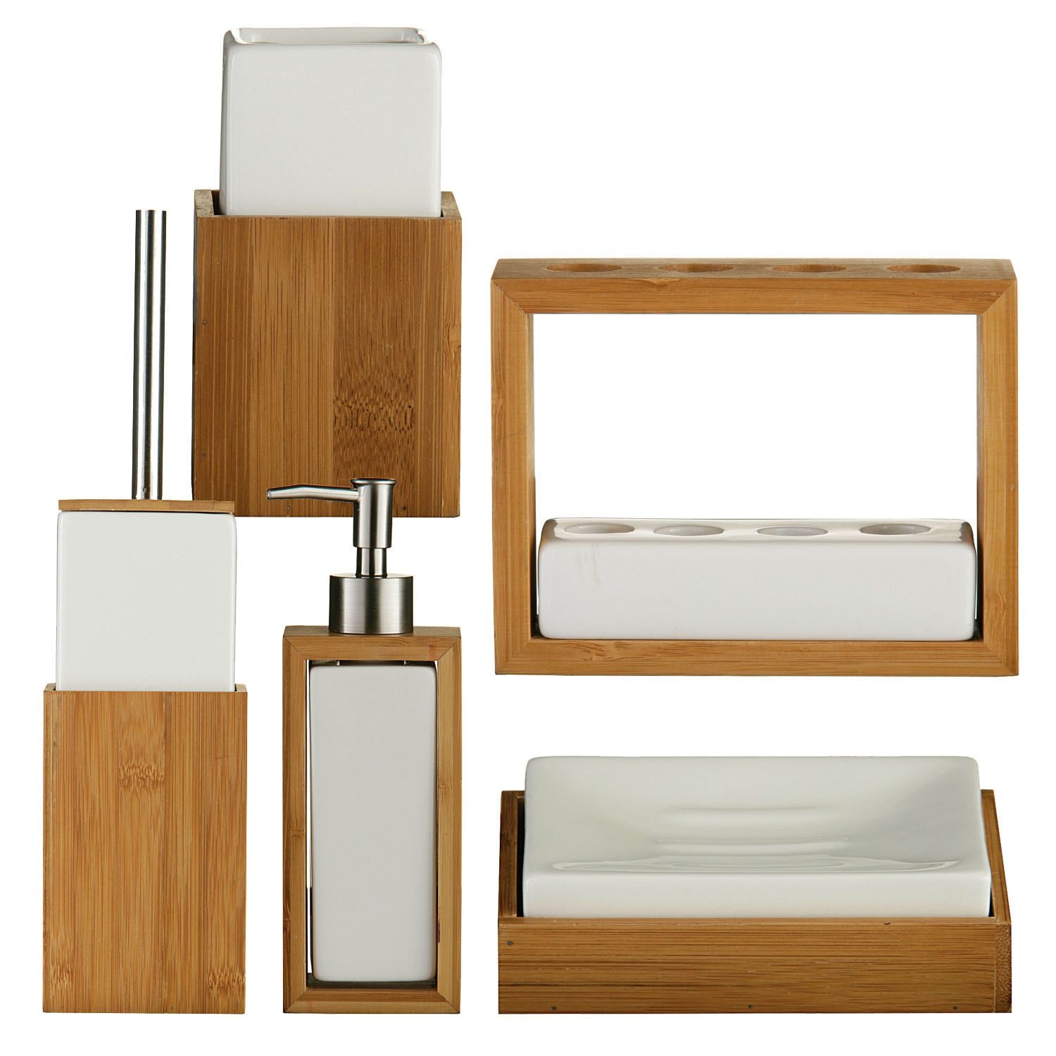 Essentials wooden bamboo white ceramic bathroom sink accessories set