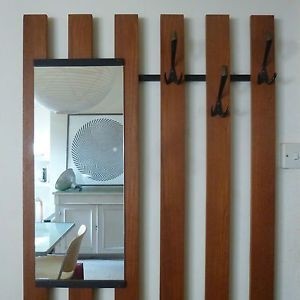 Modernist teak wall mounted coat hook rack mirror shelf 60s