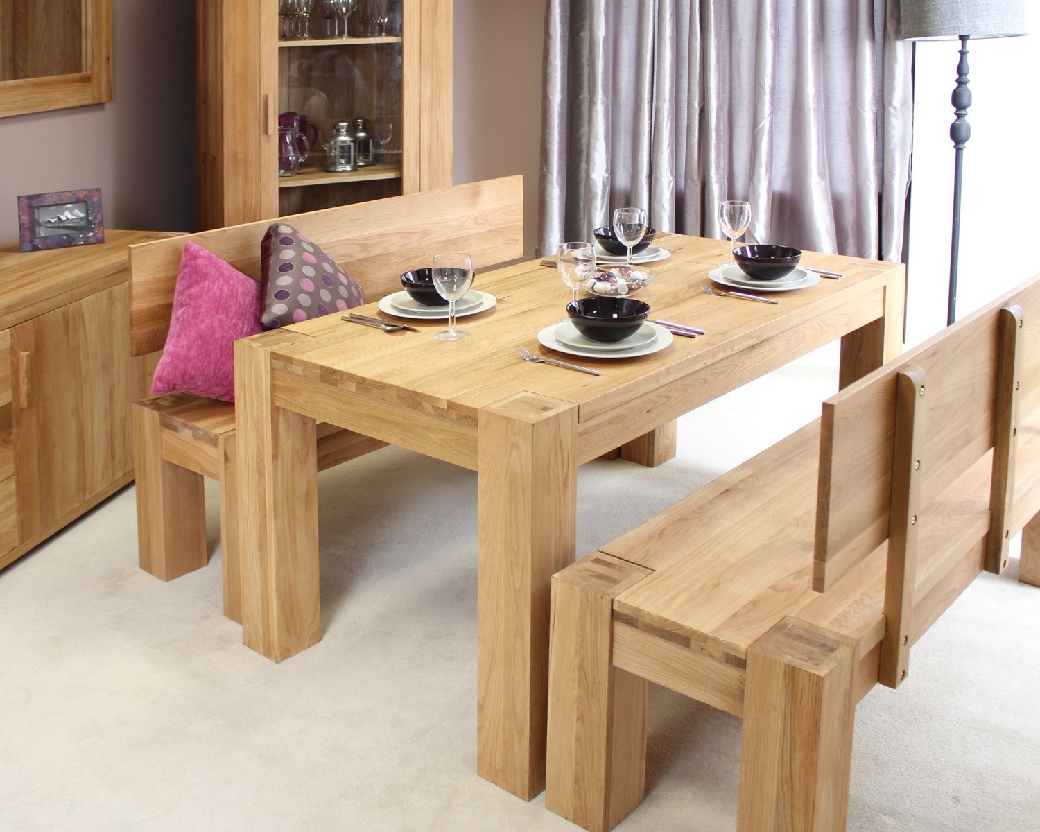 Solid chunky oak dining room furniture dining table and benches