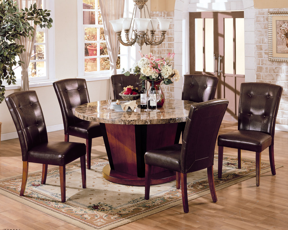 Pc round marble top dining table set in brown by