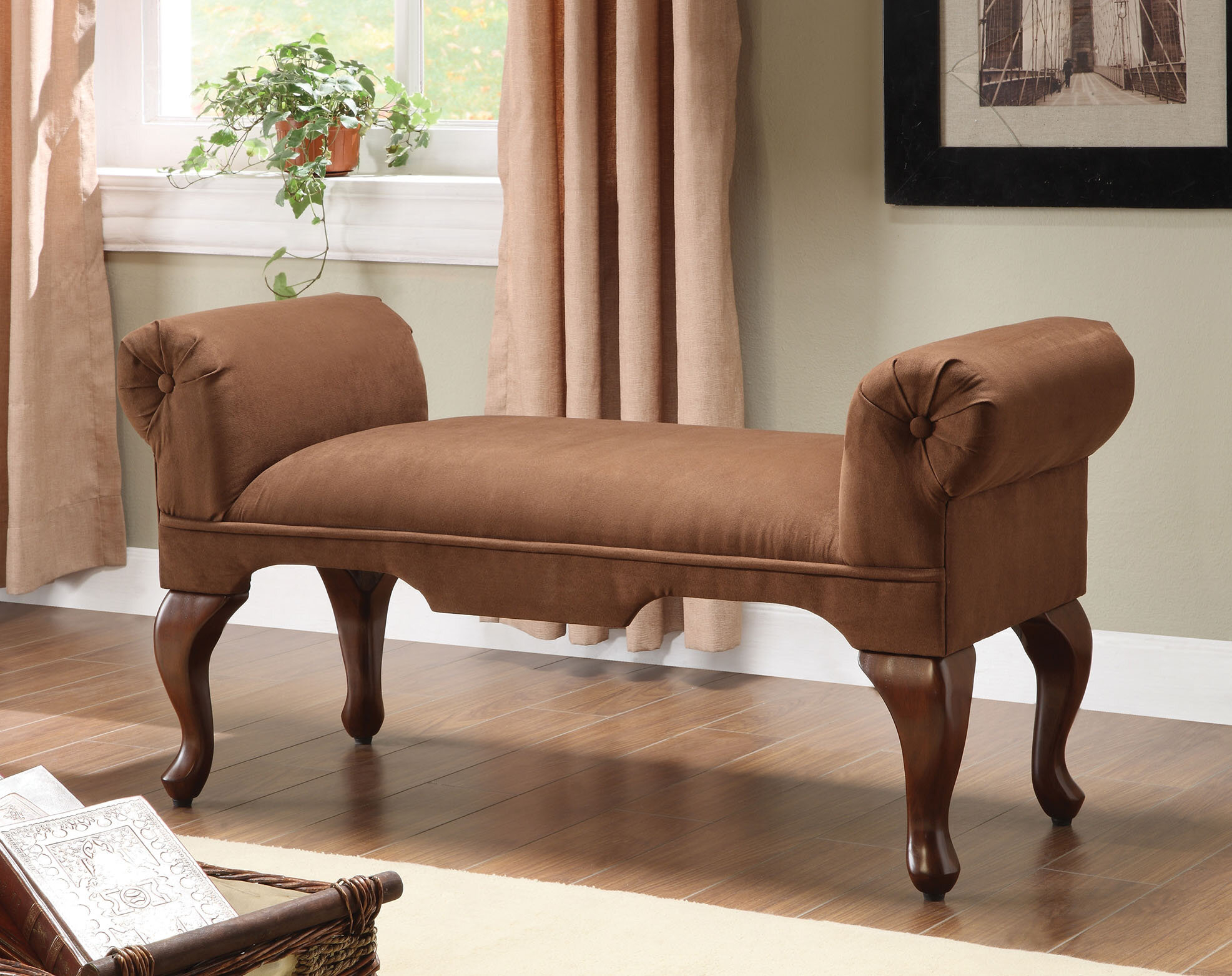 Style upholstered chocolate microfiber sitting bench with roll arm