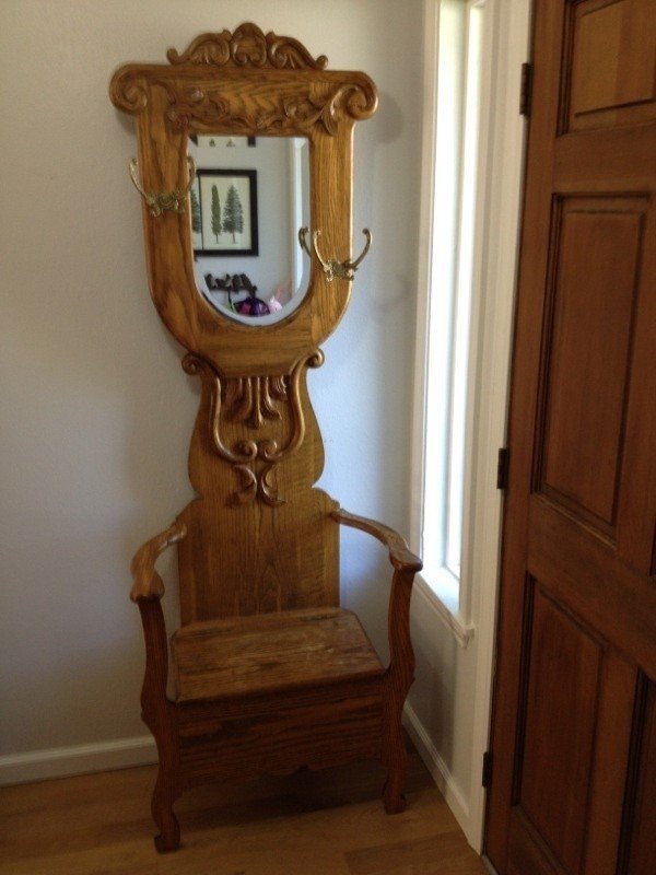 Antique coat rack on sale with bench and mirror