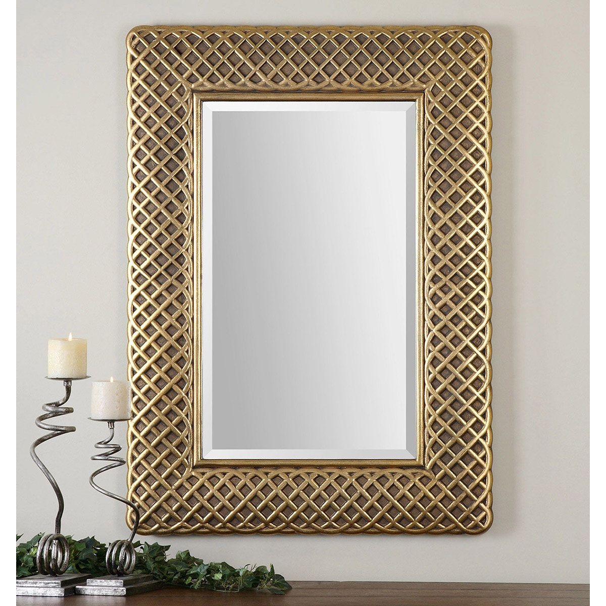 Criss cross gold leaf beveled wall mirror large 42 rectangular
