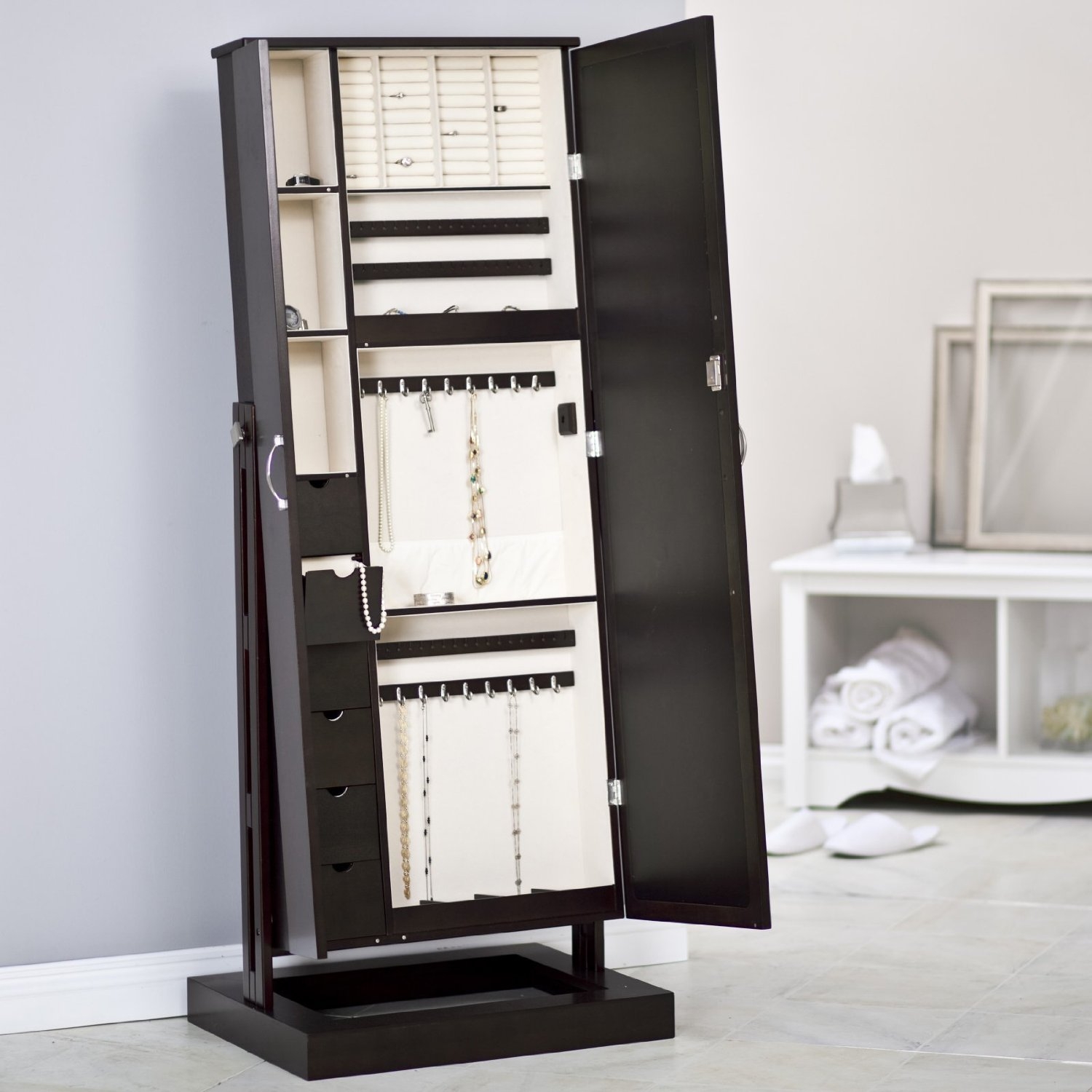 Floor standing deals mirror jewelry armoire