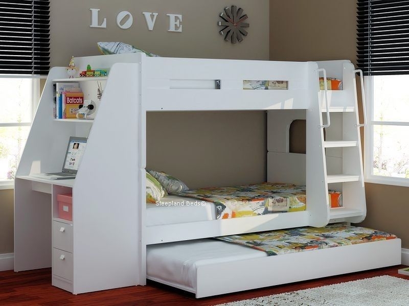 Olympic white wooden bunk beds with large desk storage and