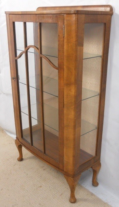 Walnut narrow china display cabinet in the antique queen anne