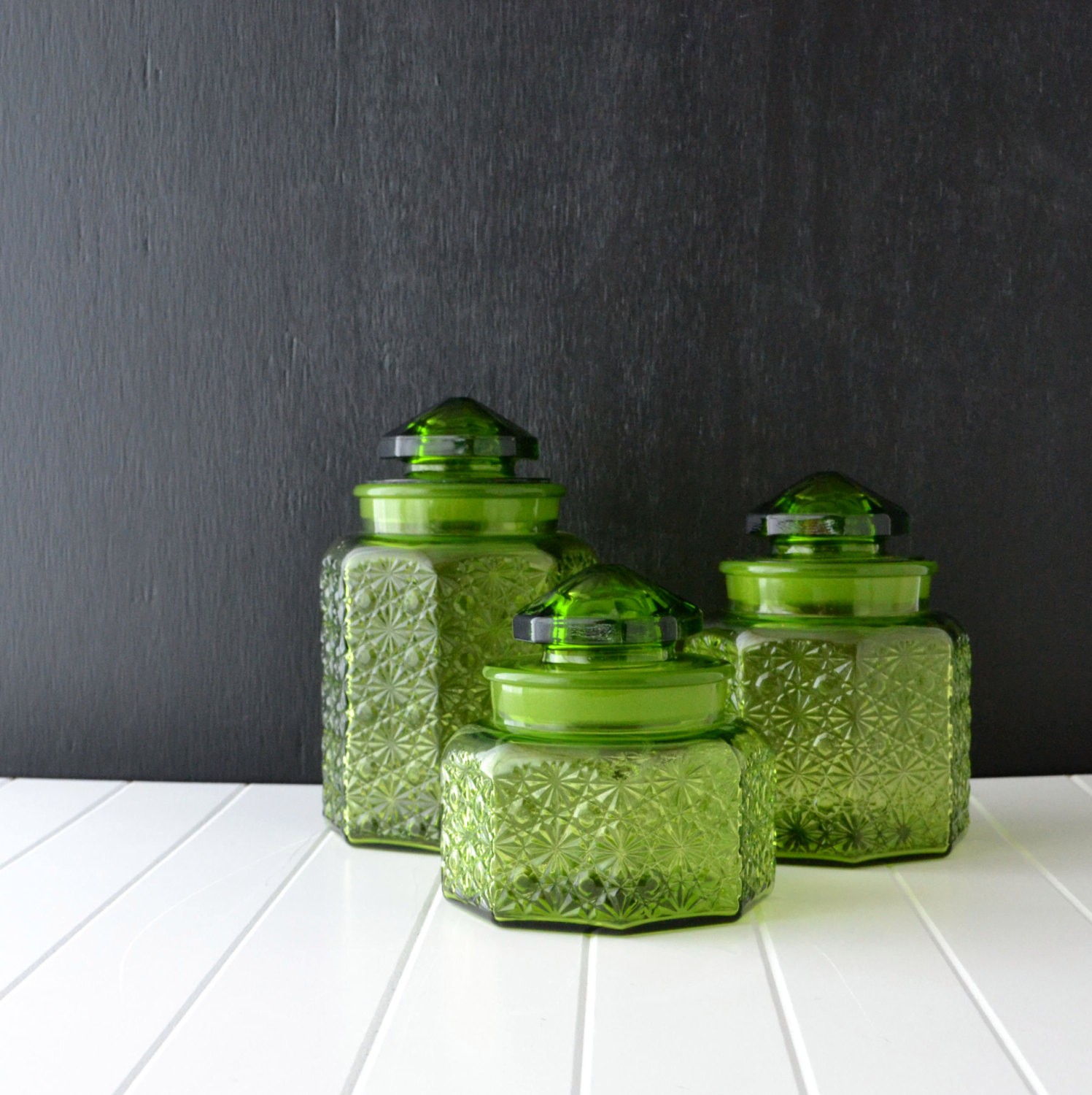 Green glass canisters vintage kitchen canisters l e smith glass
