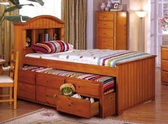Honey oak twin captains bed w underbed trundle drawers