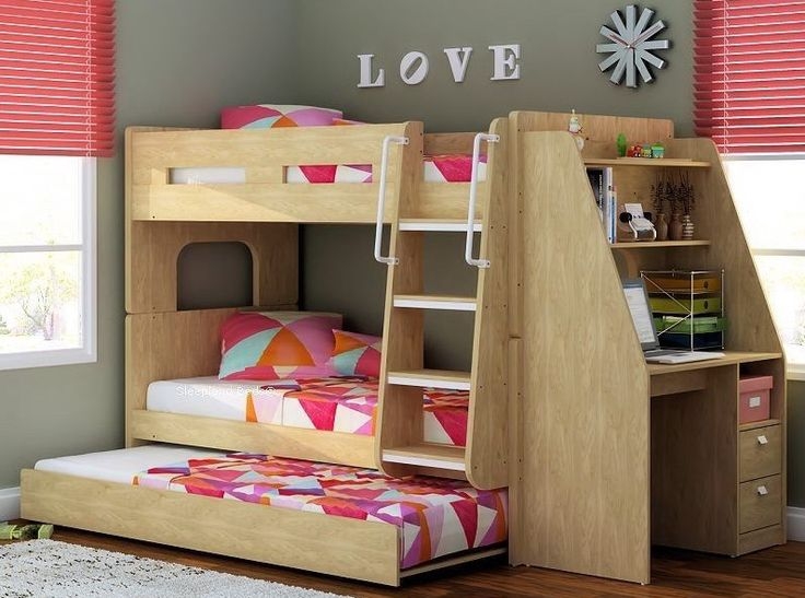 Childrens single bunk beds with desk and trundle in oak