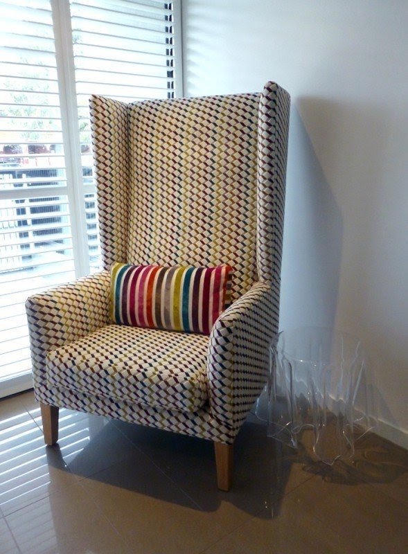 Custom upholstered contemporary high back wing chair and bench seat