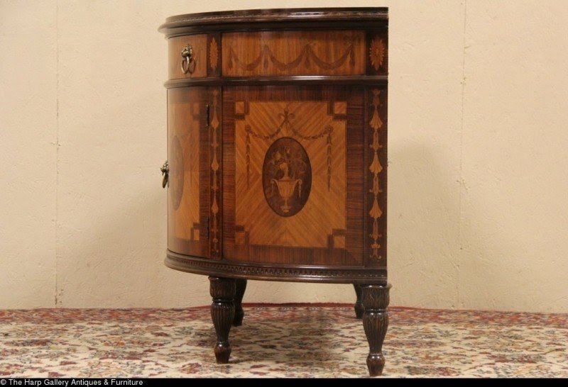 Demilune Or Half Round 1930s Console Cabinet Satinwood Marquetry