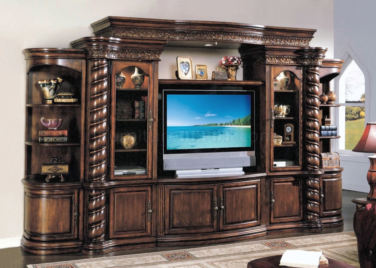 Distressed cherry finish traditional entertainment wall unit