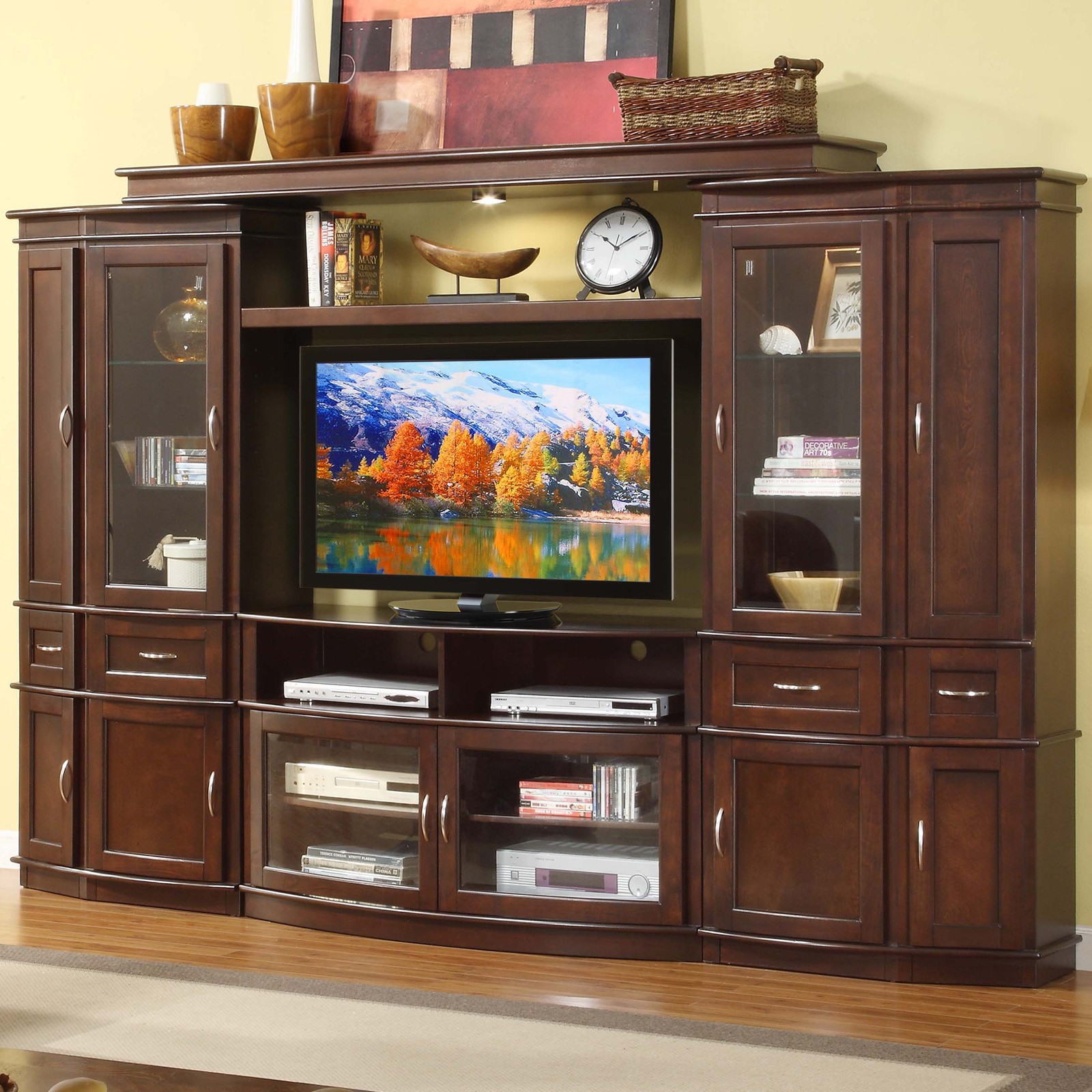Entertainment wall unit with 50 in tv console espresso traditional