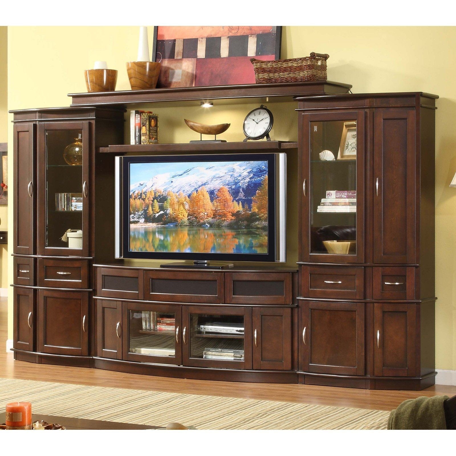 Entertainment wall unit with 60 in tv console espresso traditional