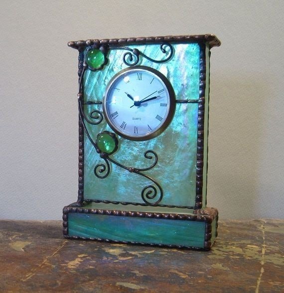 Unique stained glass mantle shelf clock green w purple and