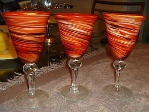 3 Art Glass Goblets Goblets Red Orange Swirl Hand Blown Wine Glass