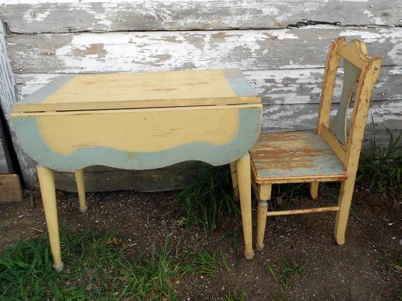 Antique childs drop leaf table chair old