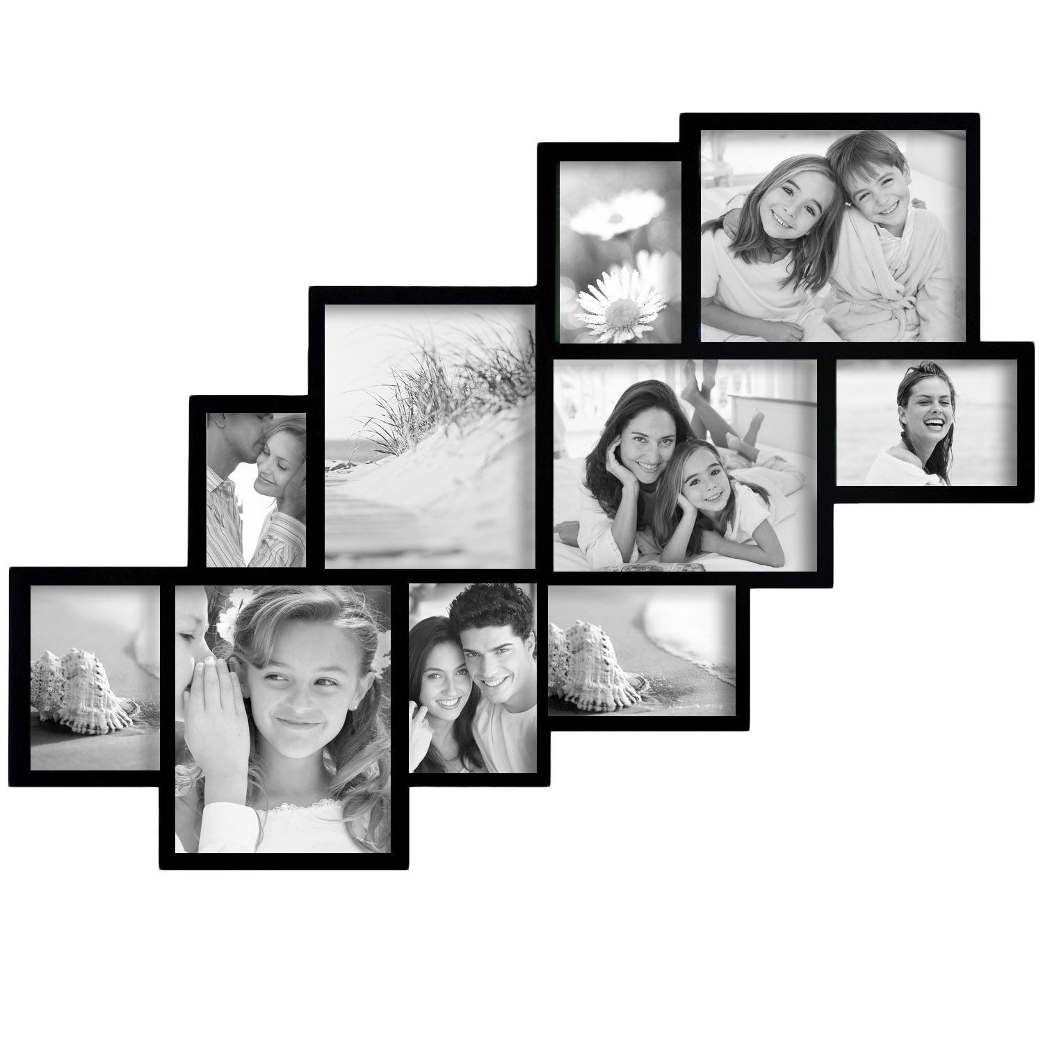 Black wood wall hanging photo frame collage with 10 clustered