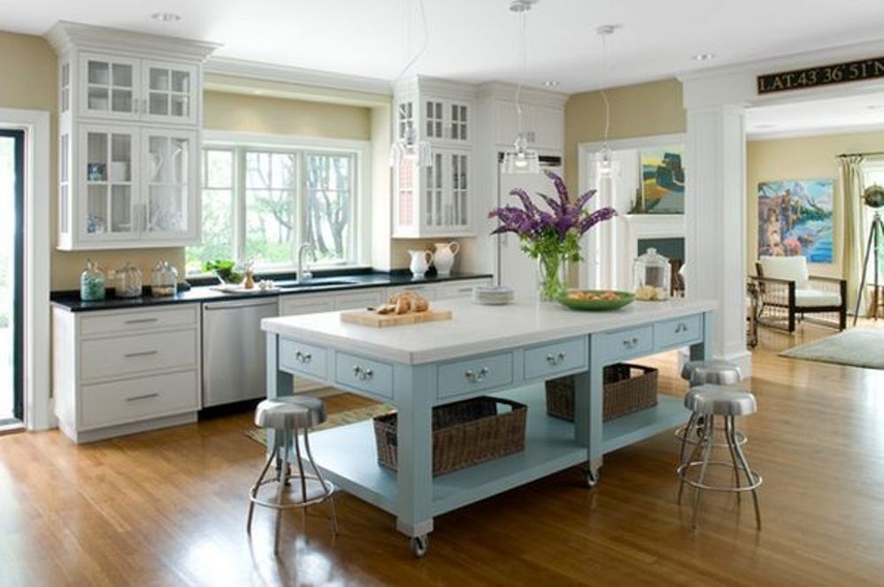 Exquisite kitchen island on casters in beautiful blue and white
