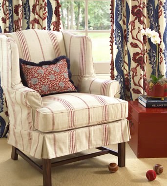 Heavy cotton stripe makes a comfy custom slipcover for this