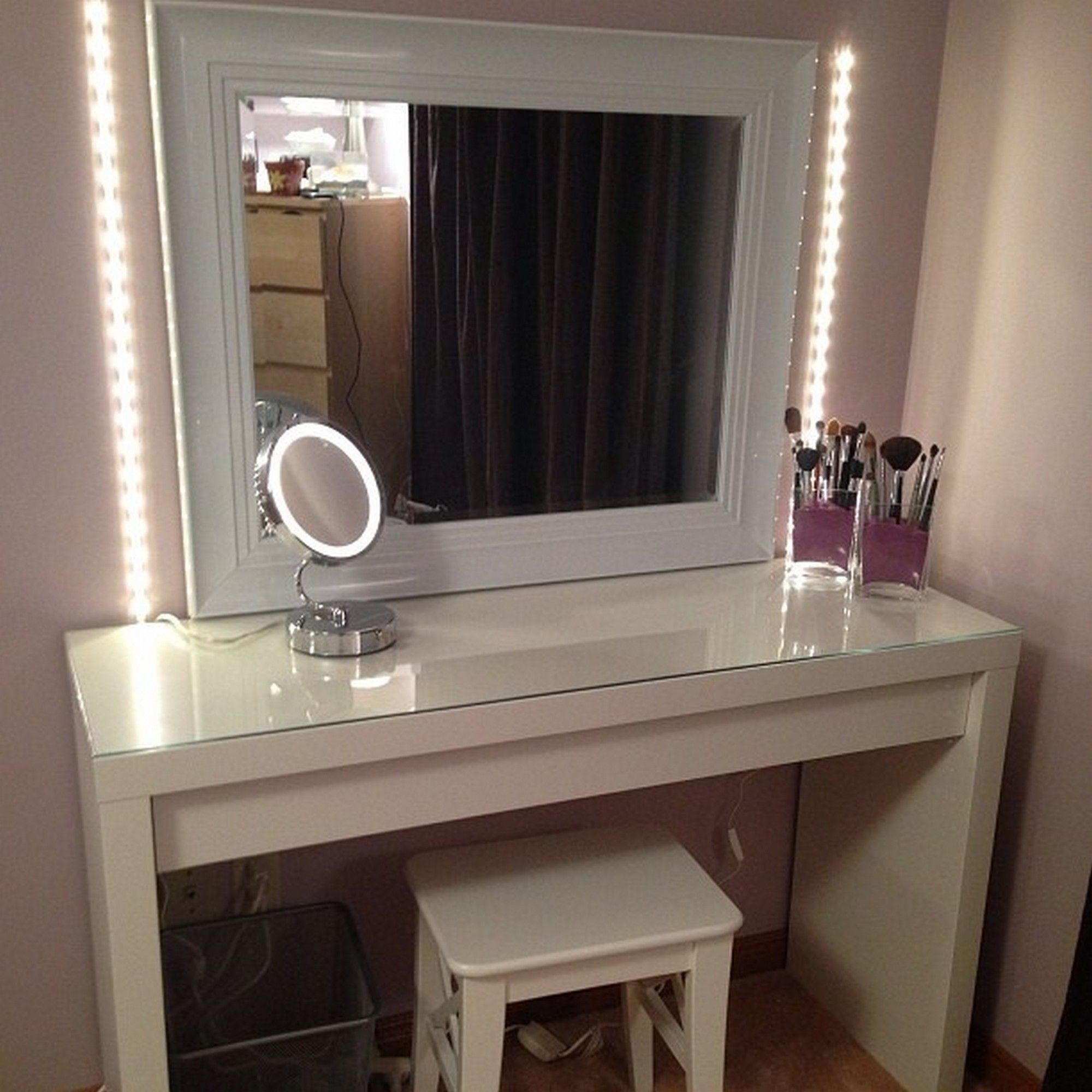 Furniture diy white makeup table with square mirror and chair