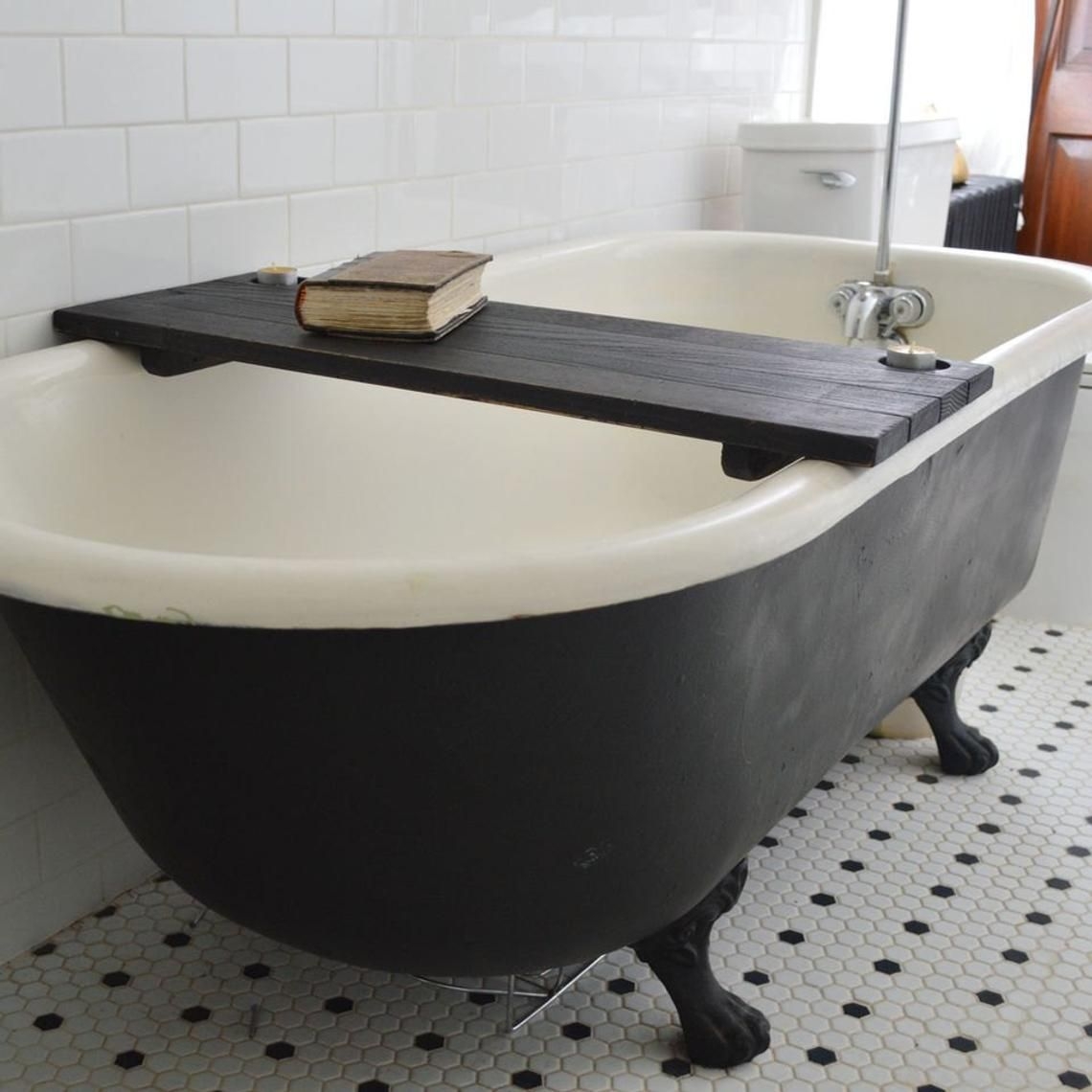 Tub caddy made of reclaimed oak from a
