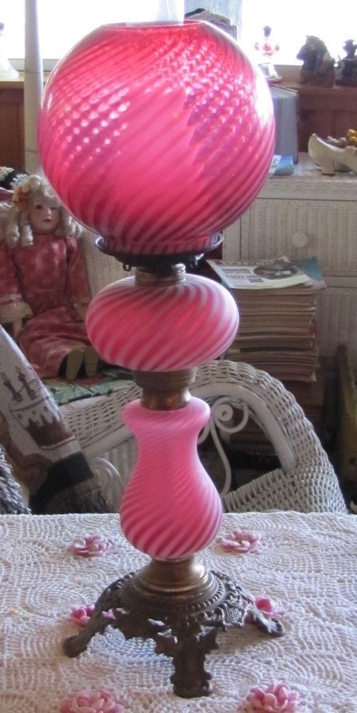 1910 1920 Fenton Cranberry Swirl Triple Globe Oil Lamp Kerosene Flawless