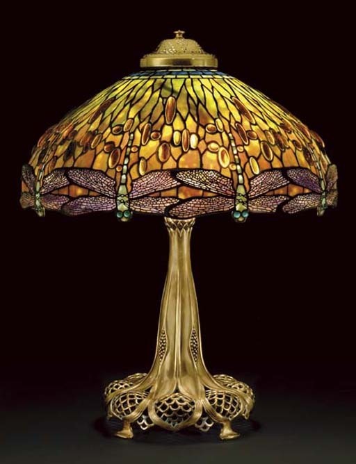 A jeweled dragonfly leaded glass and bronze table lamp circa